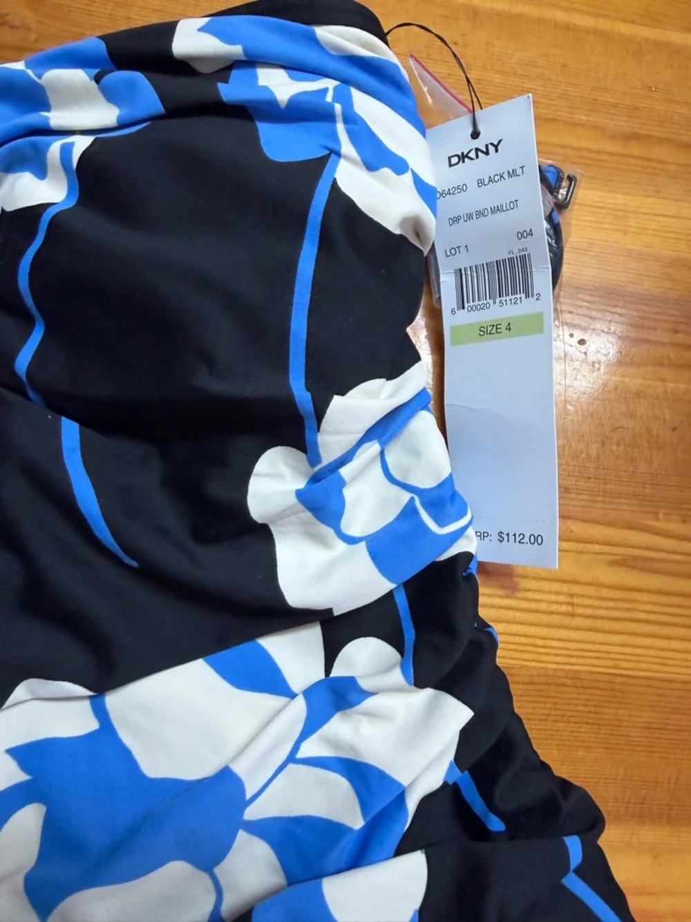 DKNY Floral Draped Bandeau Maillot One Piece Swimsuit Black Blue Floral  Size 4 - Picture 5 of 8